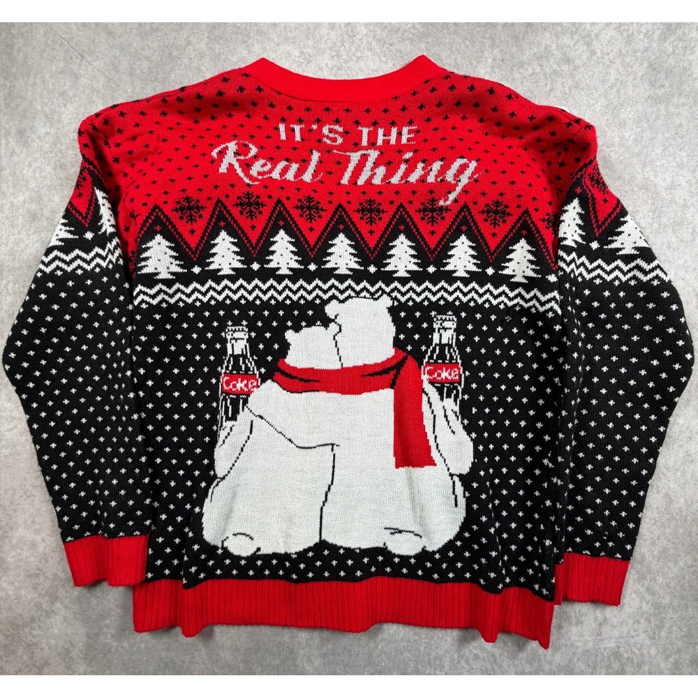 Coca Cola Womens XL Cardigan Sweater Polar Bears Coke Bottles Christmas Pom Pom - Picture 2 of 7